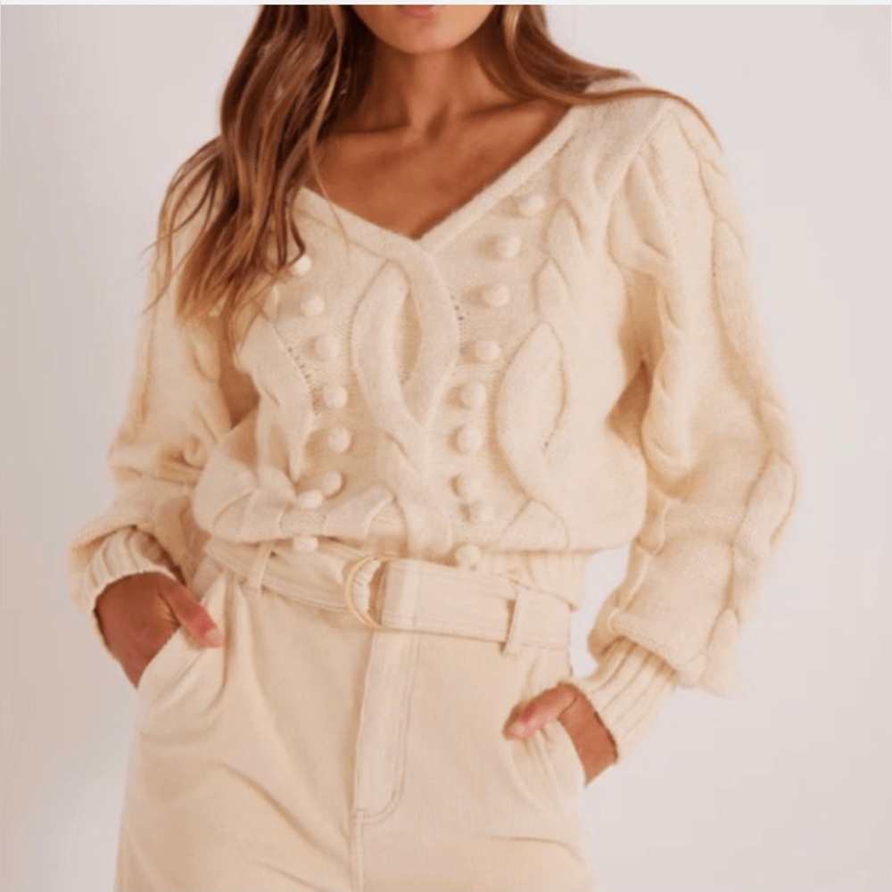 MINKPINK Rare Amina Bobble Balloon Sleeve Chunky Cream Criss Cross Sweater NWOT